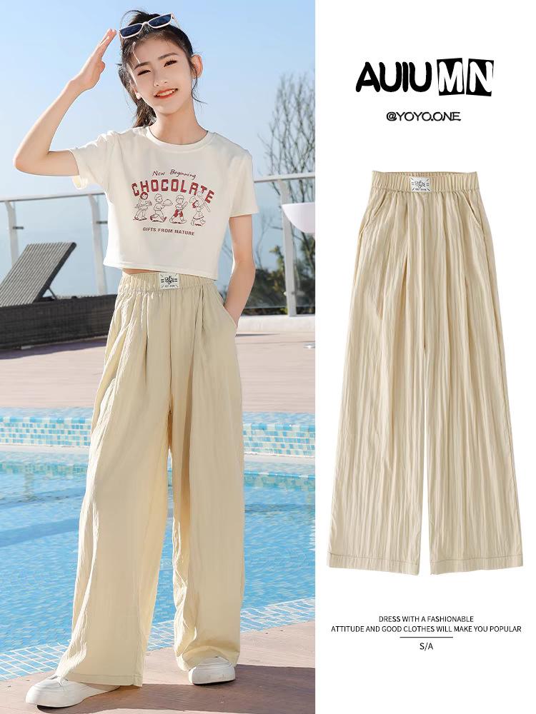 Girls' Summer Thin Pants Yamamoto Pants Children's Summer Outfit Wide-Leg Pants Casual Big Kids Ice Silk Anti-Mosquito Long Pants