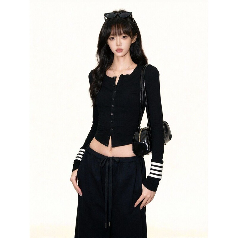 American-style sexy and alluring long-sleeve cardigan T-shirt for women, new spring-summer style, slim-fit cropped top for petite women