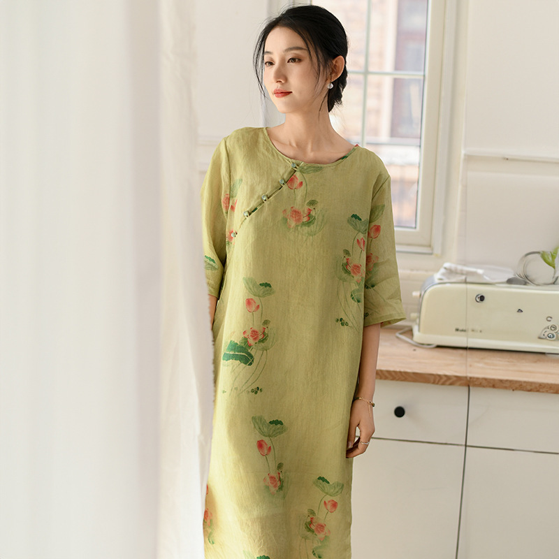 New Chinese style women's clothing 2025 spring and summer new vintage improved cheongsam Chinese style ramie dress wholesale tea clothing