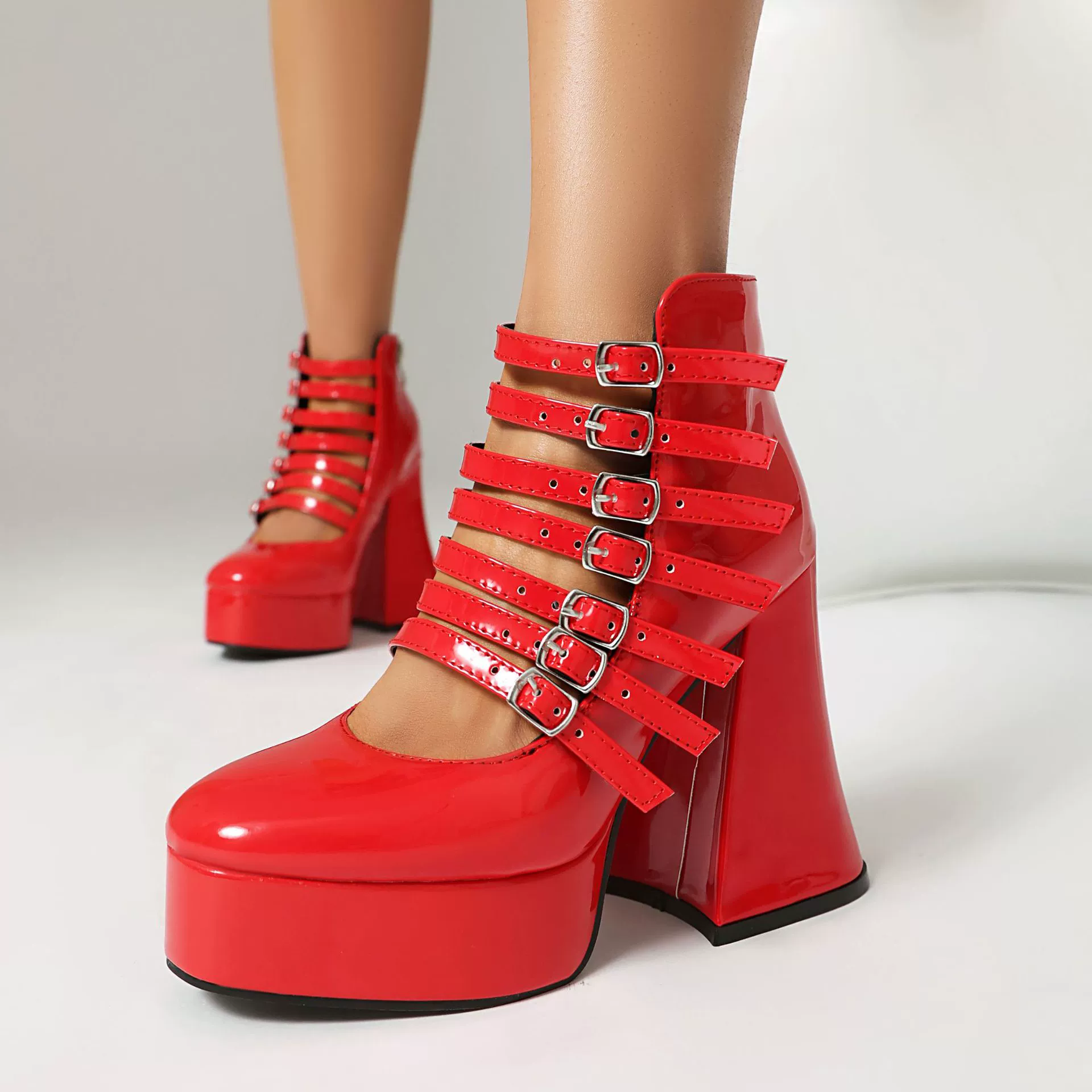 Platform high‑heel patent leather boots, 12 cm heel, microfiber lining, sizes 35–43 (custom)