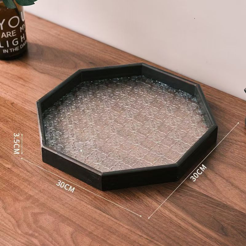 Luz de lujo retro bandeja octagonal sala de estar mesa de vidrio platos de taza de madera para el hogar bandeja de té