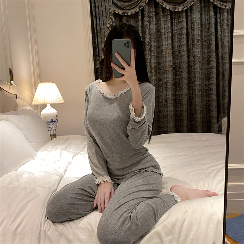 春秋季新款莫代爾棉帶胸墊睡衣女純欲性感蕾絲花邊露背家居服套裝