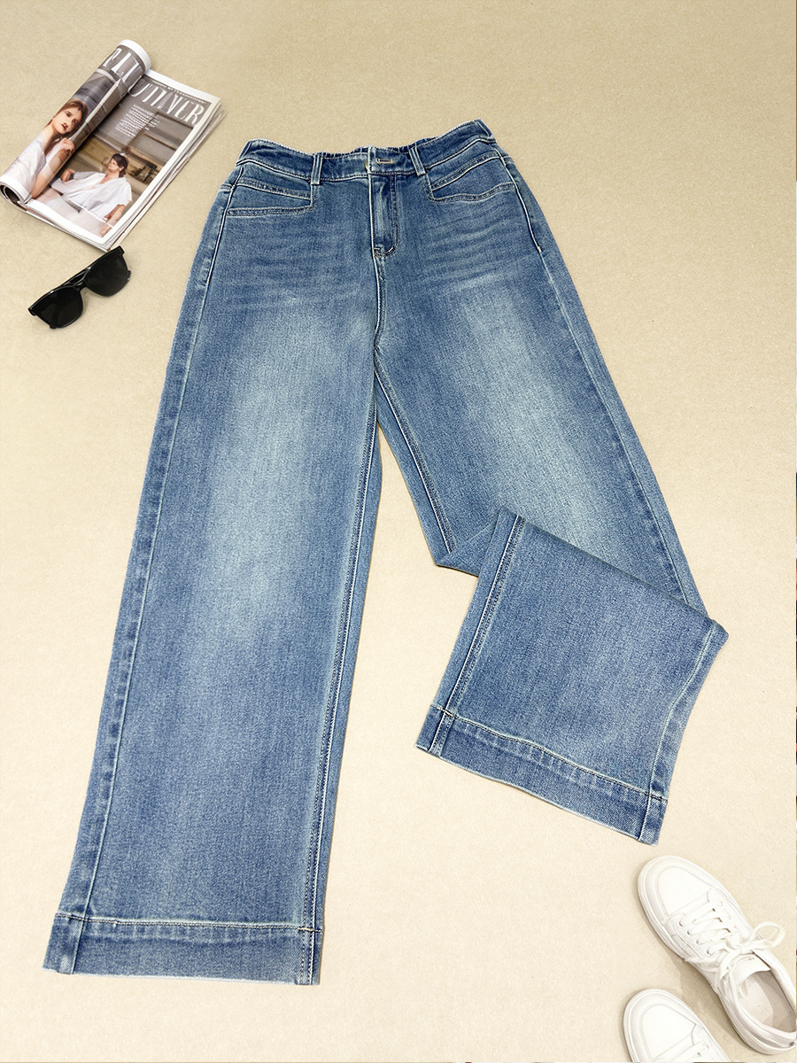 Quần jean nữ ống rộng cạp cao 9 phân, dáng suông slim fit, chất vải chống thấm — màu xanh nhạt