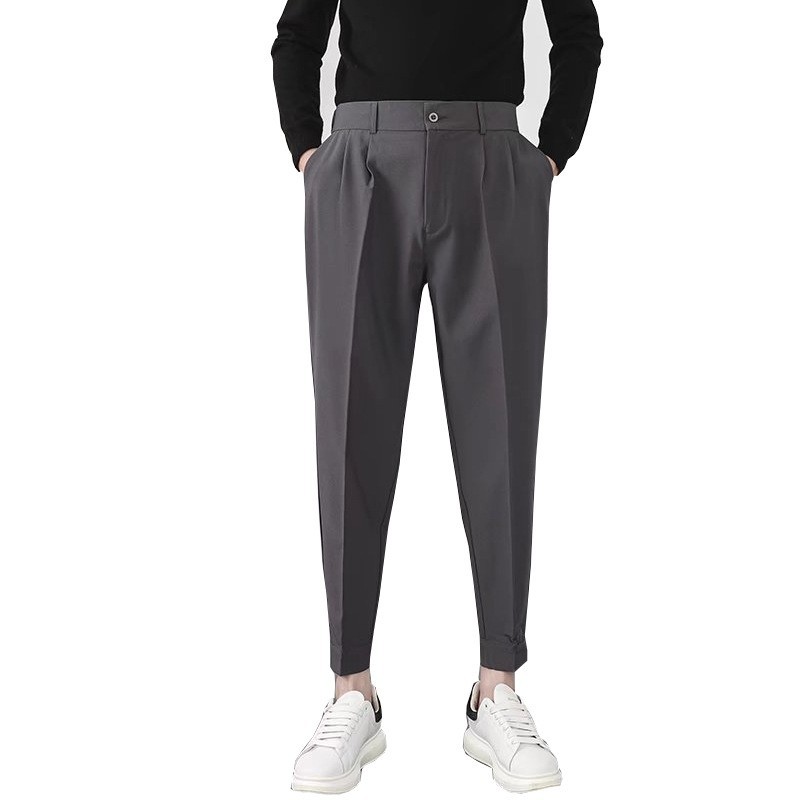 Pantalones casuales de color sólido de velcro para hombres pantalones hasta el tobillo estilo británico sin planchar nuevos pantalones de traje maduro ligero simple image 6