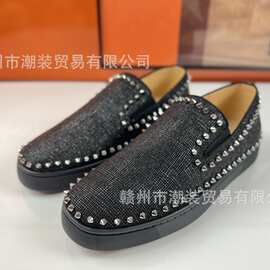 跨境cl andgz男黑色牛皮一脚蹬圈铆钉低帮红底鞋女休闲板鞋情侣款