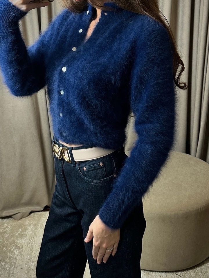 Áo khoác cardigan len nữ dáng ôm cổ tròn tay dài một hàng cúc chất liệu lông mềm mại — Màu hồng, Màu trắng, Màu xám nhạt, Xanh đậm chi tiết 30