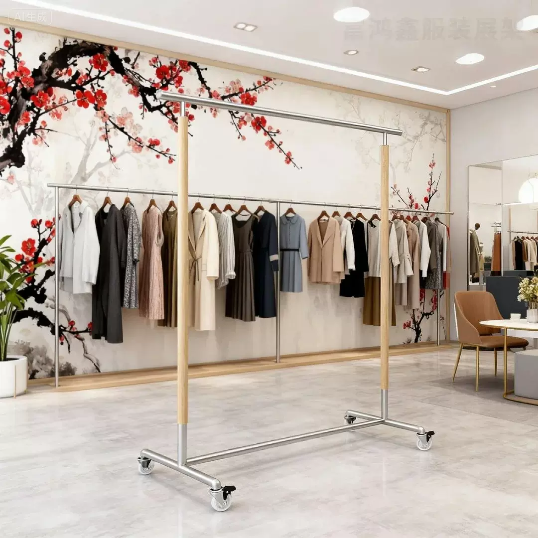 超市不锈钢木纹服装展示架轮子可移动式挂衣服中岛架货架落地式