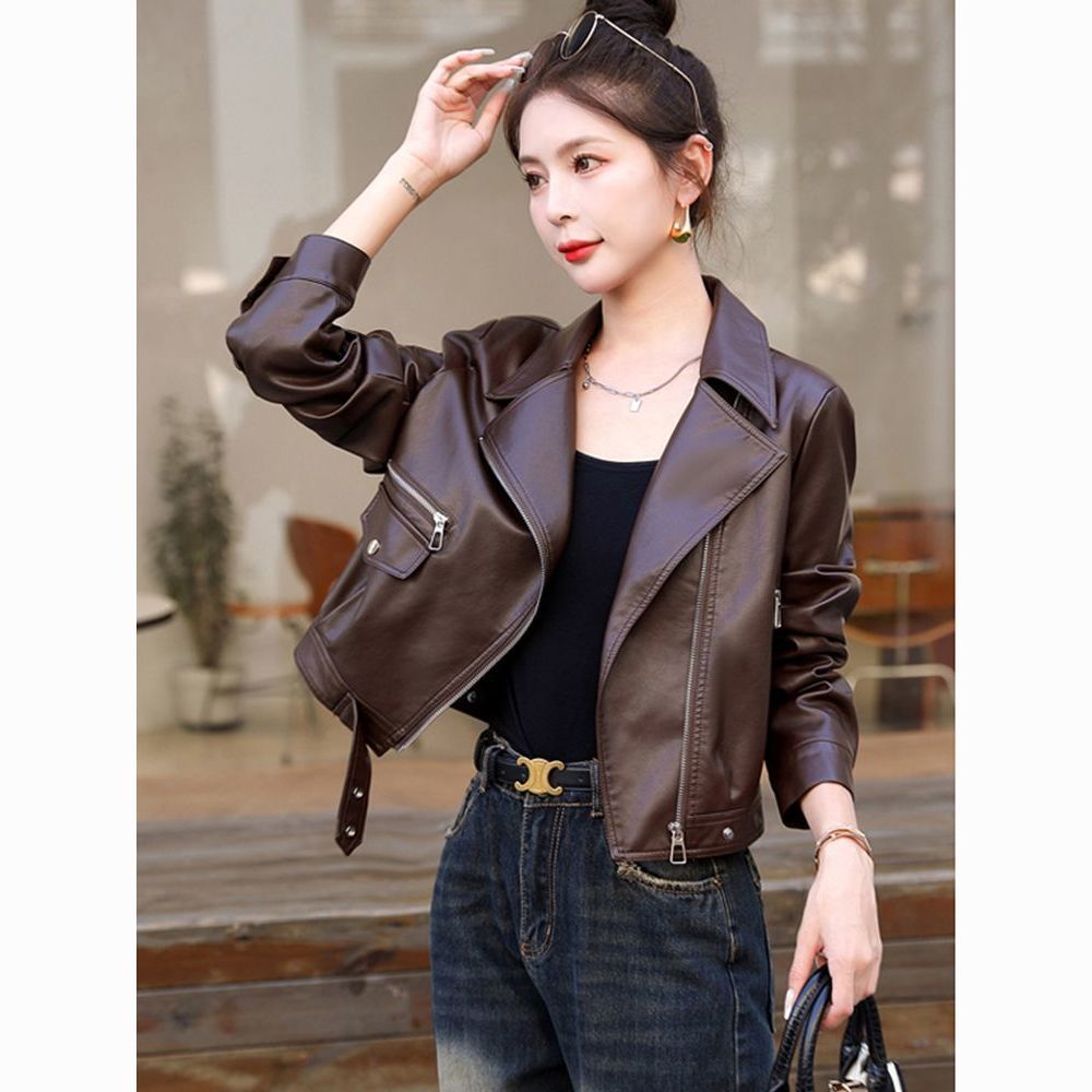 2025 Spring and Autumn New Leather Jacket Women's Short Motorcycle Suit Casual Small Pu Leather Suit Collar Jacket