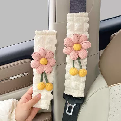 Car Seat Belt Shoulder Pads, Sürətlər qutusu və əl tormozu başlıqları - white-style-a-pair-of-pink-flowers-puff-shoulder-pads