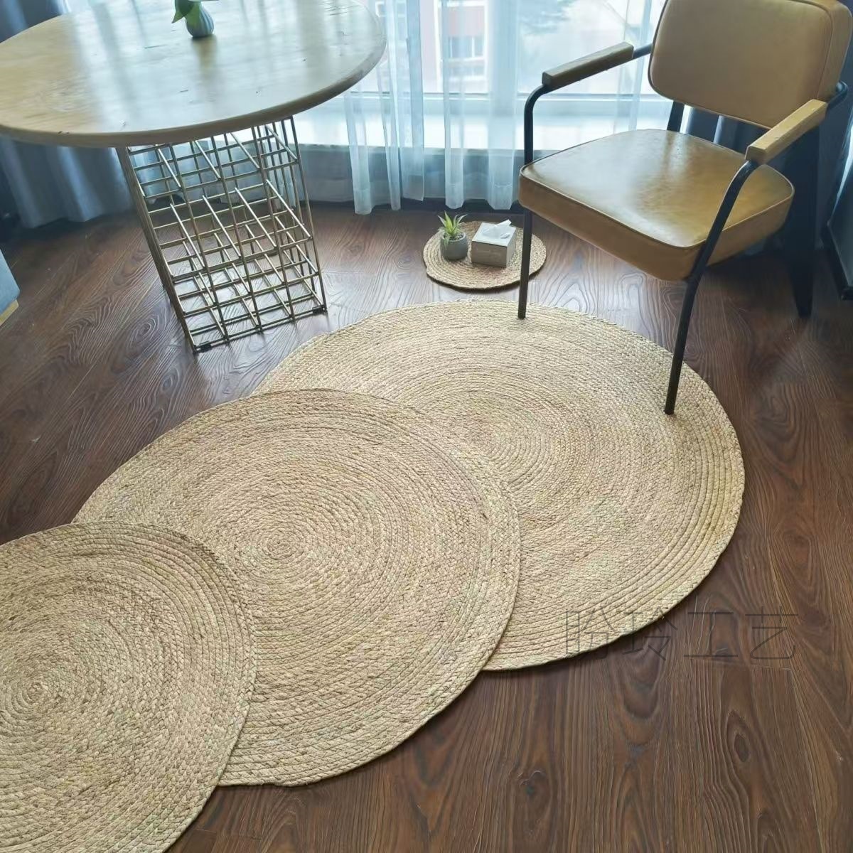 Tejido de caña, alfombra redonda, alfombra de piso, mesa de comedor, sala de estar, dormitorio, alfombra decorativa