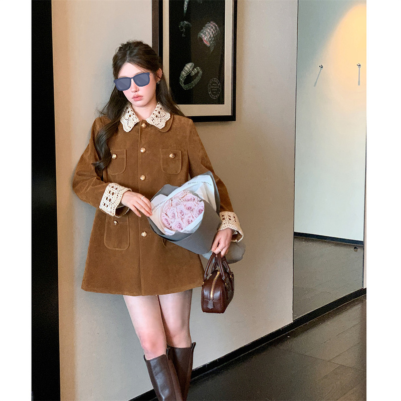 杨小卷 MIU系复古翻领中长款麂皮/丝绒外套工装风衣女 美拉德穿搭|undefined