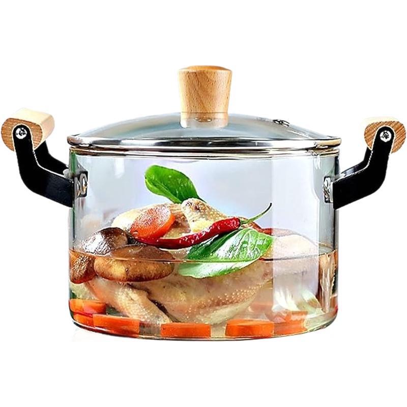 Mango transfronterizo de madera de alta borosilicona de vidrio de cocina de calentamiento de fuego directo de cocina de vidrio de doble oreja con cubierta de calentamiento de microondas