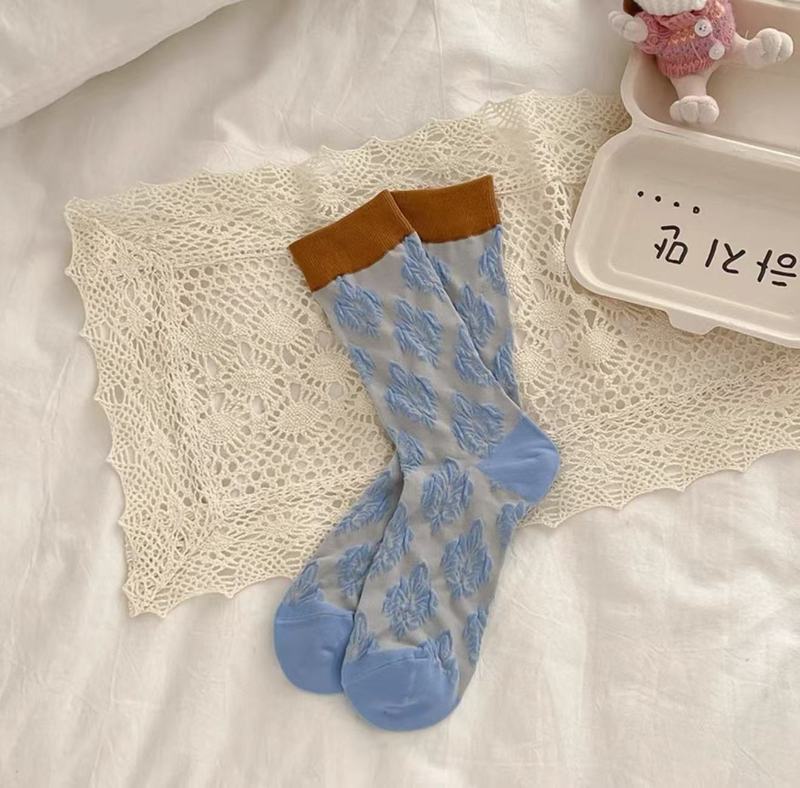 日系复古撞色浮雕花纹中筒袜子女春夏植物花卉堆堆袜ins潮流棉袜|undefined