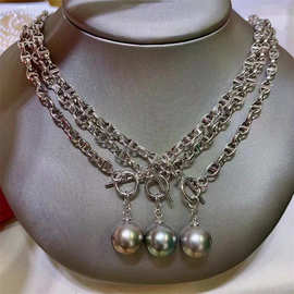 12-13大溪地猪鼻子纯银项链近正圆强光微瑕施家套装海水珍珠