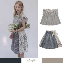 现货 2025夏季LOU女中小童格子衬衣小飞袖格子碎花拼接半身裙套装