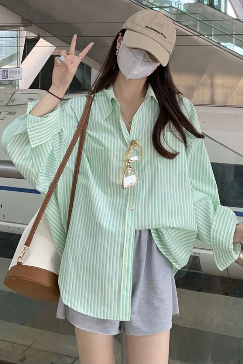 POLO领条纹衬衫女春季新款设计感宽松中长款薄款BF风防晒开衫上衣