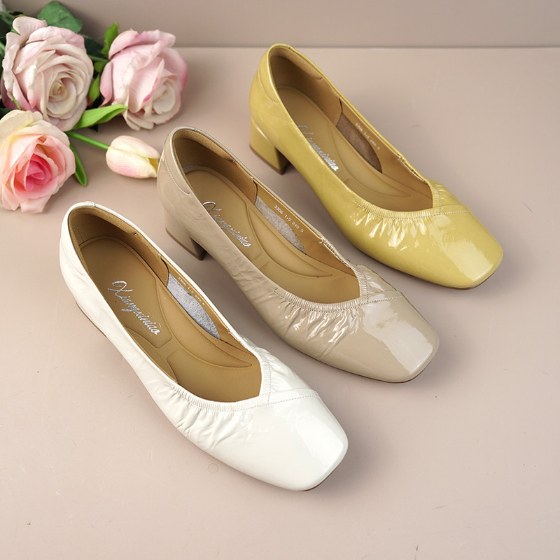 Genuine Leather Cowhide New Soft Square Toe Pleated Thick Heel Shallow Fashion Shoes 853306 Retro