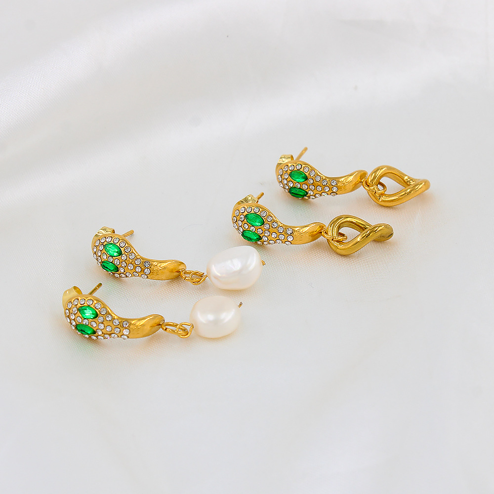 Drop Earrings Classification 1 Pair Quantity 1 Pair Ins Style Snake Stainless Steel Pearl Inlay Zircon Drop Earrings