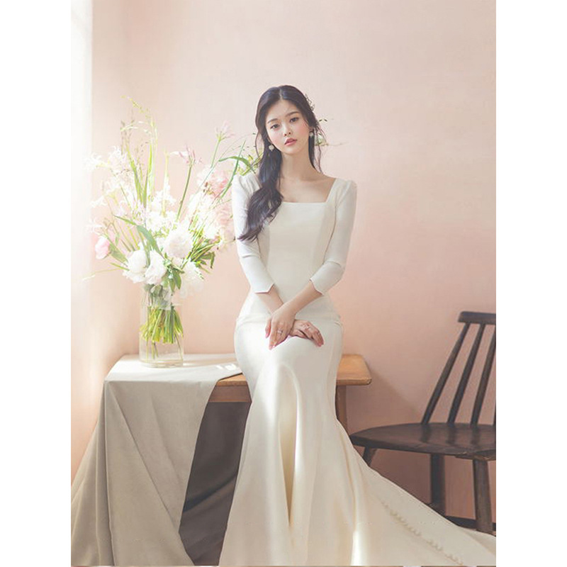 Mermaid Wedding Dress 2026 New Style with Train, Satin Simple Travel Photography Dress, Super Fairy-Like Slim Fit Korean Light Wedding Dress
