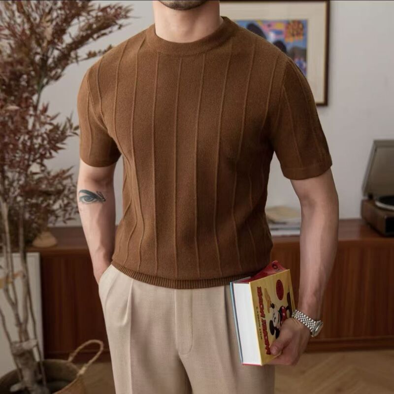 New Solid Color 2025 Short-Sleeve Knit Sweater Round Neck Trendy Men's Versatile Pullover Half-Sleeve Base Shirt Casual Summer
