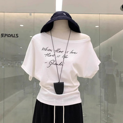 アメリカンホットガールファッションレターオフショルダー半袖Tシャツレディース2025夏新作オフショルダーリラックストップイン