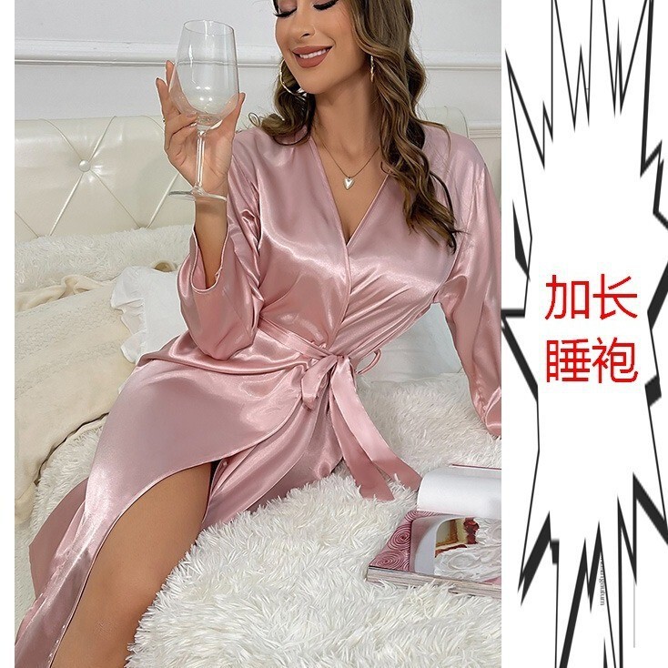 Amazon Cross-Border Hot Selling Long Women's Bathrobe Sexy V-Neck Lace-Up Nightgown Foreign Trade Home Wear