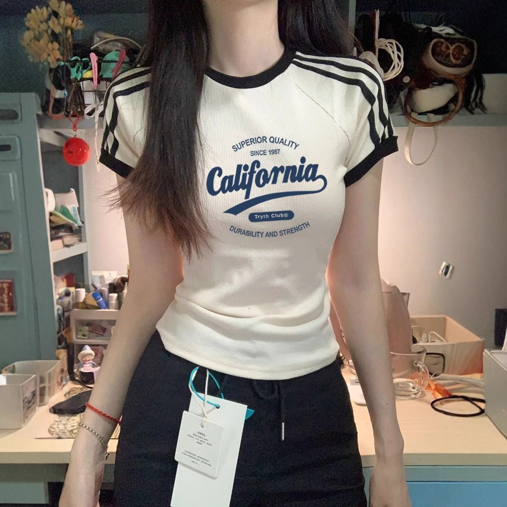 American-Style Three-Stripe Short-Sleeve T-Shirt for Women, Retro Japanese Thin Sweet and Spicy Summer New Regular Shoulder Short Ins Top