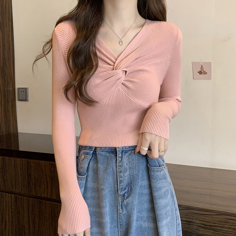 (2개) 플러스 사이즈 통통녀 크로스 V-넥베이스 스웨터 여성 가을 및 겨울 한국 스타일 슬림핏 슬리밍 벨리 커버 긴팔 스웨터 탑