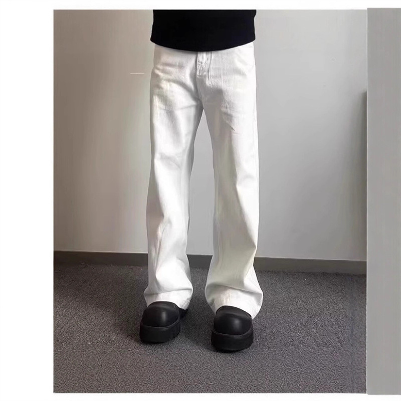 Summer American High Street Style White Jeans for Men, New High-End Loose Straight Wide-Leg Floor-Length Versatile Pants