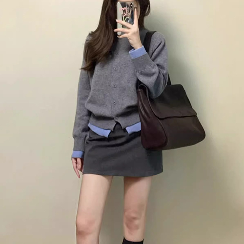 灰色软糯假两件针织衫女秋冬毛衣气质休闲百搭纽扣开衫外套A5780|undefined