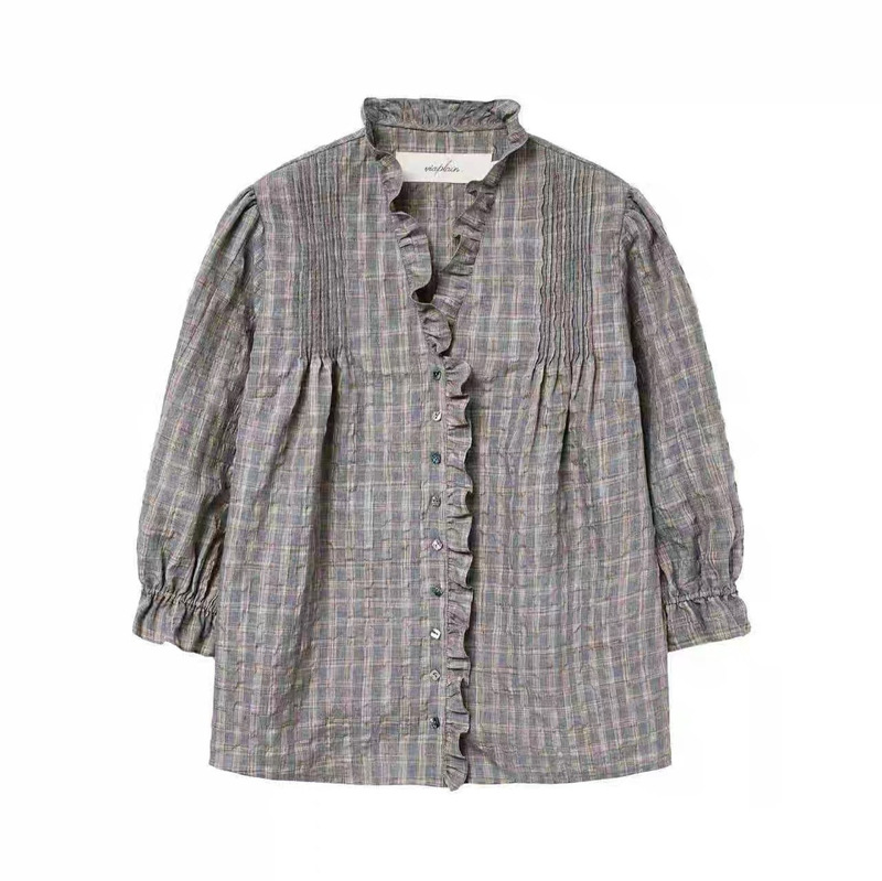 In Stock Viapl*In Ruffled Neckline Pleated Lace Shirt Korean Design Women's V-Neck Plaid Korean Style Shirt