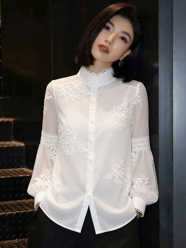 White lantern sleeve embroidered stand-up collar lace blouse for women, 2026 spring new design, unique and stylish top White lantern sleeve embroidered stand-up collar lace blouse for women, 2026 spring new design, unique and stylish top