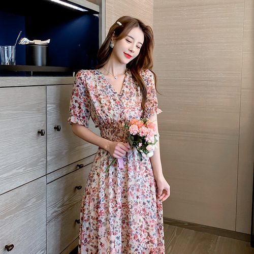 Puff sleeves sweet forest chiffon dress mid-length dress bubble chiffon summer high waist new French style