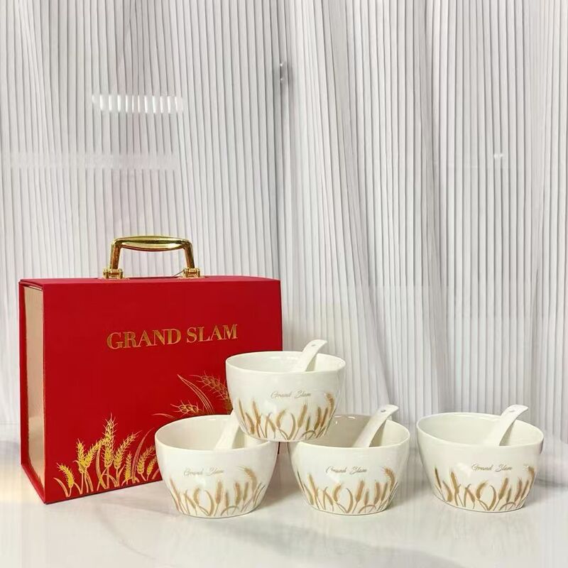 Gold-embellished ceramic bowl and spoon four-piece set, high-quality white porcelain rice bowl set, red gift box housewarming gift Gold-embellished ceramic bowl and spoon four-piece set, high-quality white porcelain rice bowl set, red gift box housewarming gift