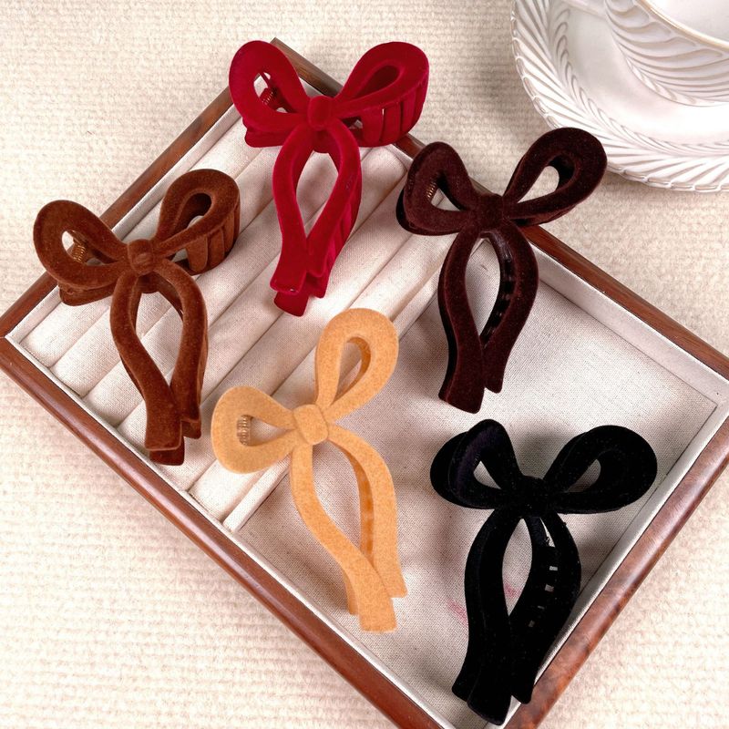 Retro Fashion Elegant Maillard New Solid Color Bow Flocking Hair Clip Grab Clip Hair Clip Hair Accessories