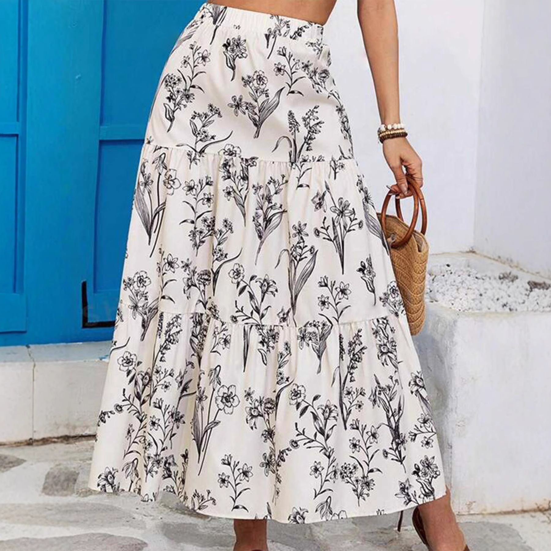 Factory Direct Supply 2025 European and American Cross-Border Women's Fresh Floral Print Loose Skirt Ready-Made Women's Elegant Clothing