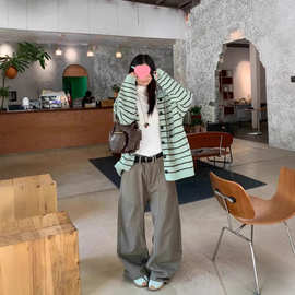 韩系感毛衣秋冬新款条纹撞色连帽纽扣开衫女慵懒宽松显瘦上衣
