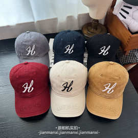 美式复古立体H刺绣棒球帽子女简约百搭软顶大头围显脸小鸭舌帽男