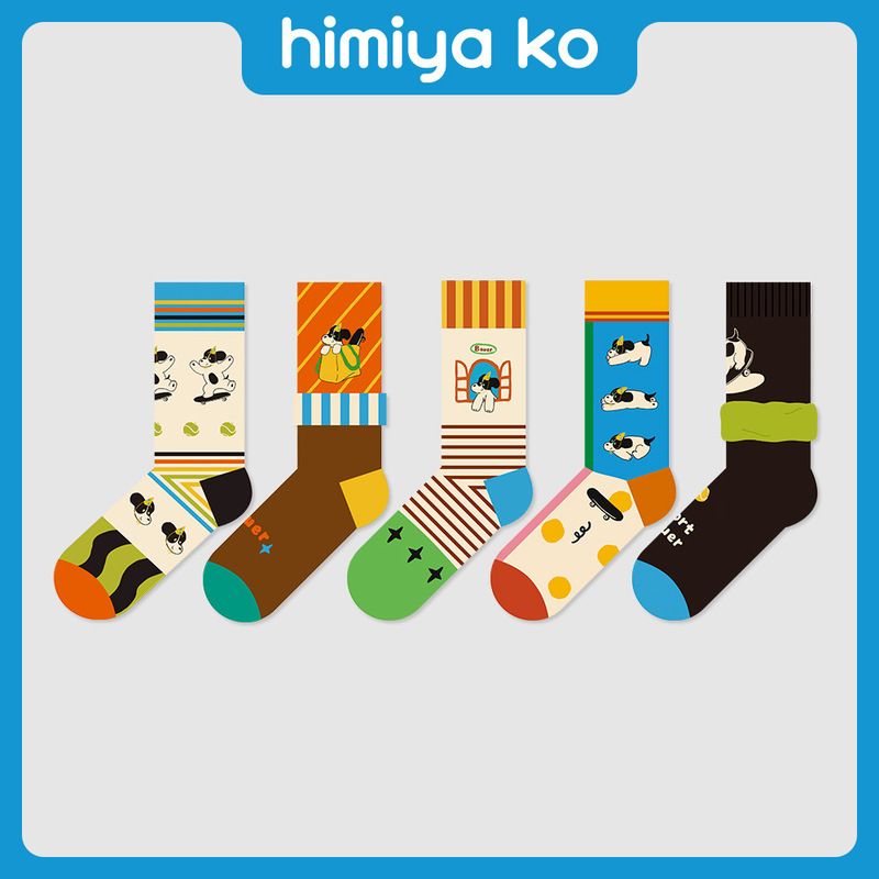 Summer New Cartoon Cute Striped Bauer Puppy Mid-tube Socks Women's Fashion Fashion Illustration Cotton Socks Men's Sweat-absorbent