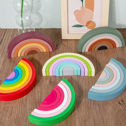 Wooden rainbow building blocks for young children's puzzle building Jenga enlightenment color cognitive ornaments educational toys