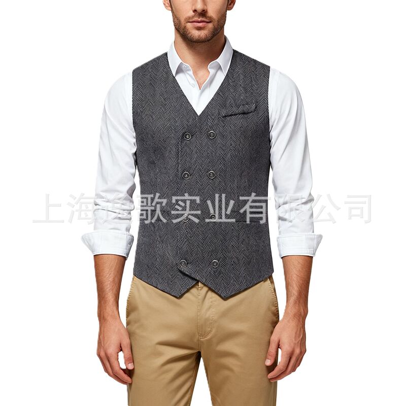 Men's Ready-Made Vest Tops Cross-Border Spring and Autumn Herringbone Pattern Men's Suit Vest Jacket Men's Double-Breasted Vest