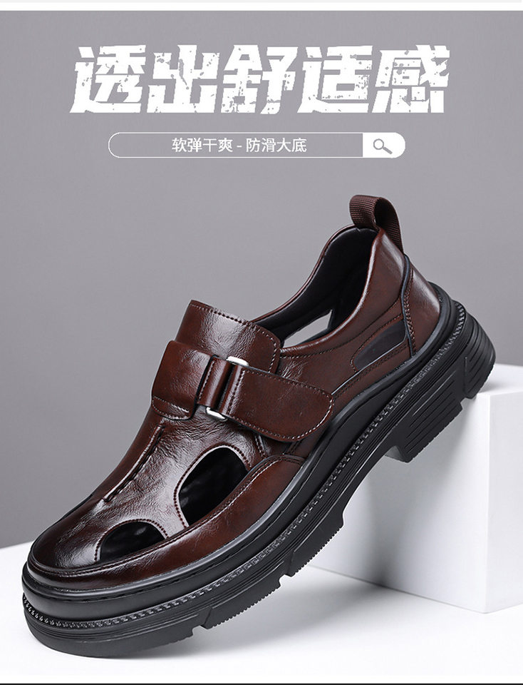 Dép sandal nam mũi rộng thoáng khí khóa dán phong cách Hàn Quốc — Màu nâu, màu đen chi tiết 8