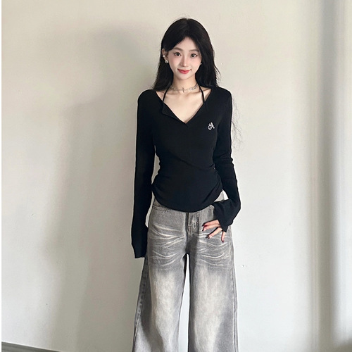 Black Sweet Pepper V-Neck Sunscreen Long-Sleeve T-Shirt for Women Autumn/Winter Innerwear Fitted Small Figure Waist-Trimming Short-Sleeve Base Top