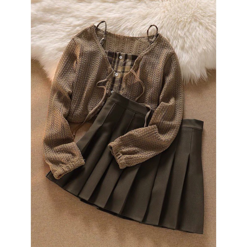(2개) 소금과 달콤한 정장, 순수한 정욕 핫걸 짧은 긴팔 니트 가디건 체크 무늬 조끼 서스펜더 플리츠 스커트 3 피스 세트