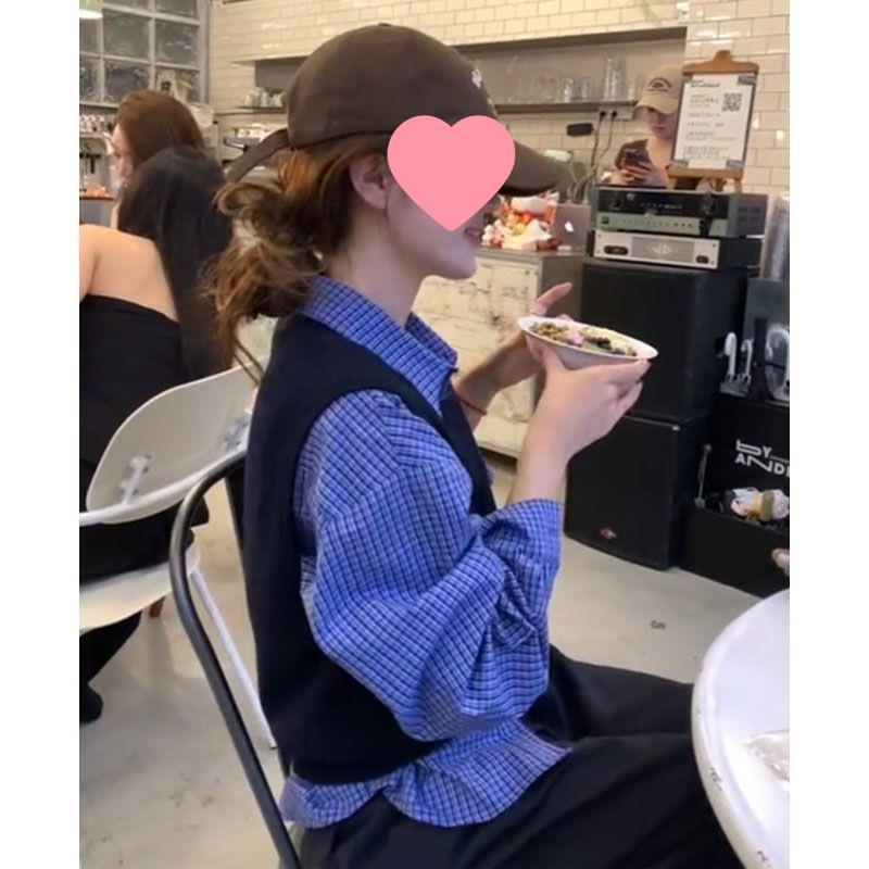 早秋新款韩版复古小众气质穿搭蓝色格子衬衫+针织马甲时尚两件套|undefined