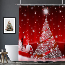 亚马逊热卖圣诞节防水浴帘卫生间圣诞树麋鹿涤纶浴室帘挂帘批发