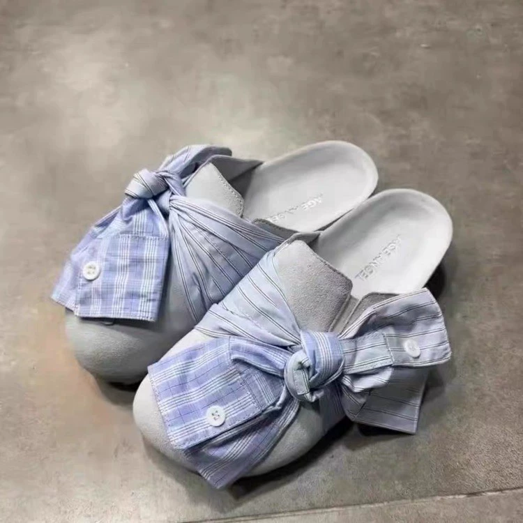 Summer footwear platform, universal slippers with bow, french style, genuine leather