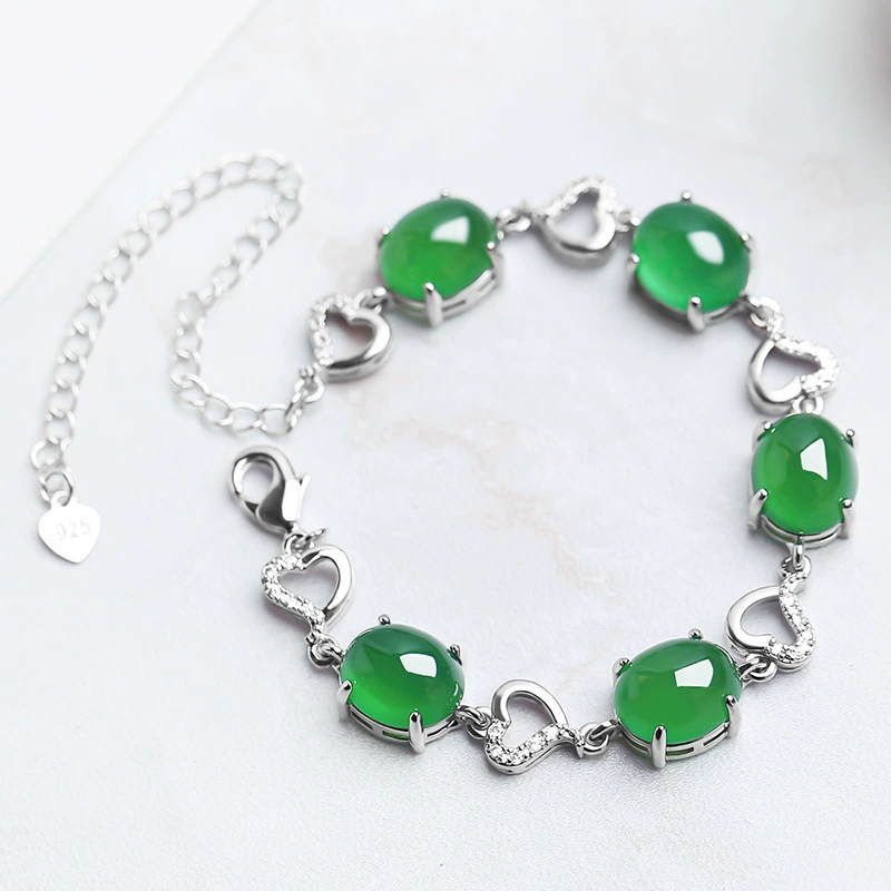 Agate emerald silver bracelet jade, stone inlay, 2021 collection