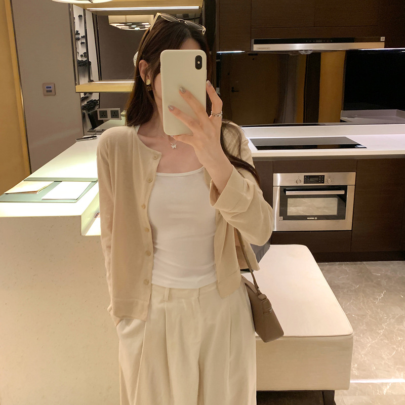 小香风圆领长袖开衫外套T恤女春秋季新款短款设计感外搭气质上衣|undefined