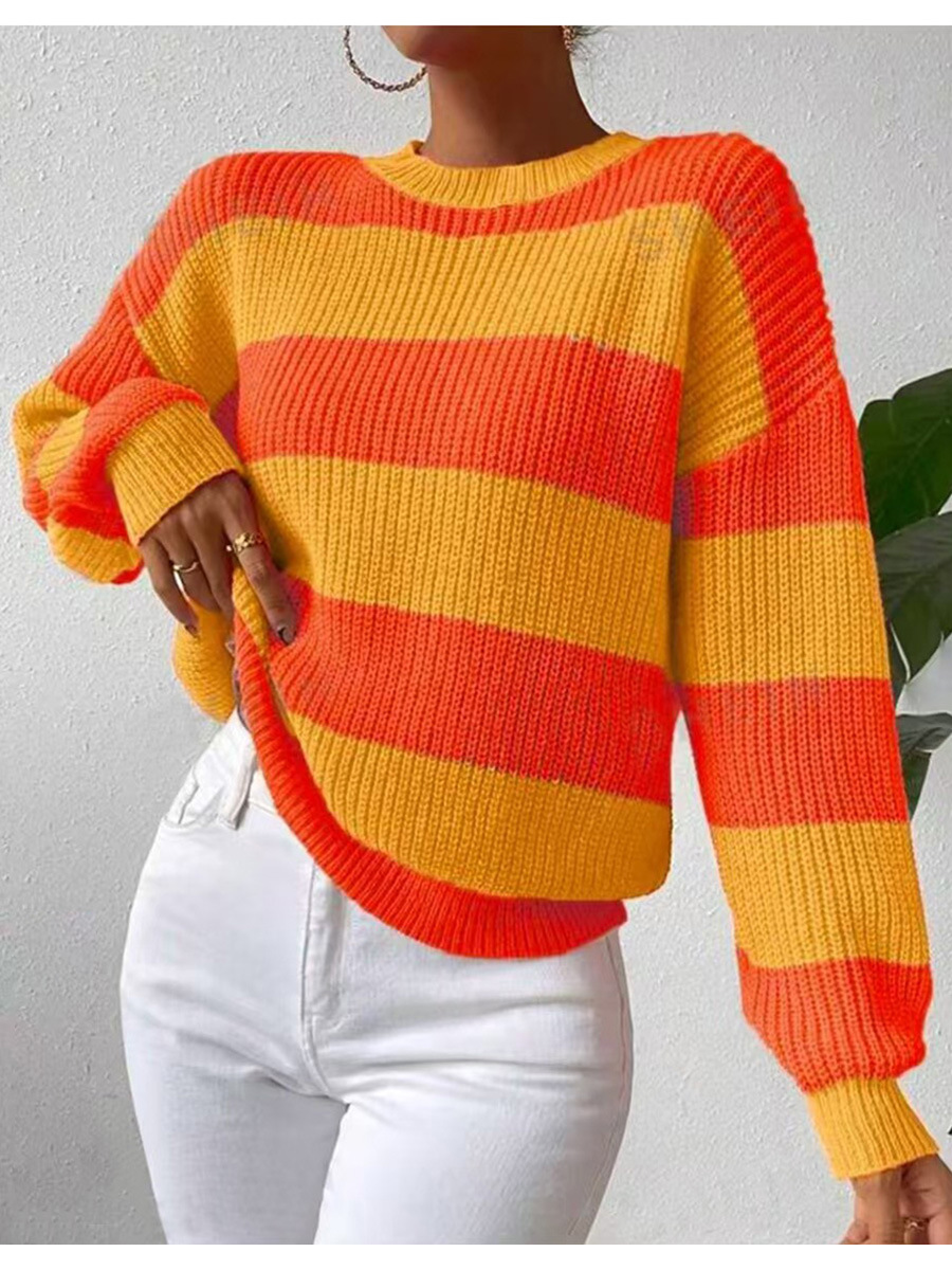 Pullovers Placket Type Polyester Fabric Type Wholesale Women's Casual Color Block Stripe Long Sleeve Contrast Binding Sweaters & Cardigans